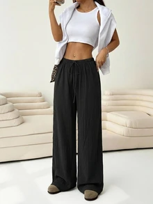 Solflare Plus Size Solid Color Casual Knotted Wide Leg Pants, Linen Wide Leg Pants, Women's Autumn Business Casual Style Fall - Black - View 5