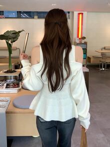 DAZY Sweater Wanita Lengan Panjang Model Korea Kerah V dengan Pita untuk Musim Gugur/Dingin - Putih - View 2