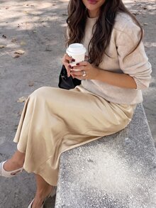 Firerie Elegant Commute Solid Color Satin Long Skirt - Apricot - View 6