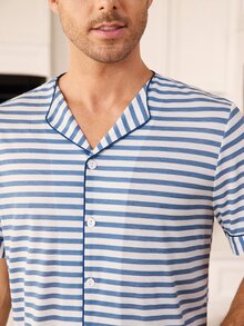CoupledUp Men's Blue Striped Print Small Lapel V-Neck Thin Short Sleeve Long Pants Casual Comfortable Wearable 2 Pieces Pajama Set - Blue - View 7