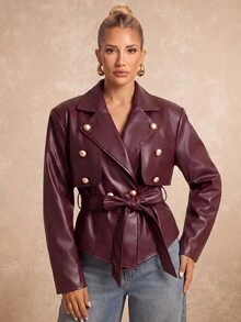 Lumalex Women's Solid-Color PU Leather Collared Long-Sleeve Double-Breasted Metal Buckle Belted Fashion Jacket Autumn Style Burgundy Grain Stylish Oversized - Burgundy - View 8