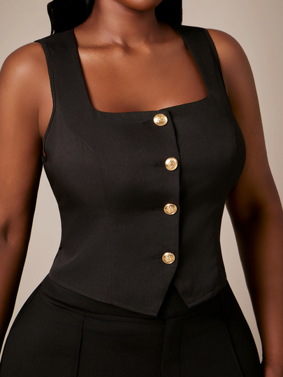 SHEIN SXY Plus Size Women's Solid Color Square Neck Sleeveless Fitted Blazer Vest