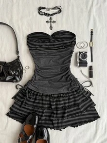 Attitoon Women's Patchwork Striped Knot Design Bandeau Top And Tiered Skorts Set - Grey - View 2