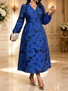 Fleurora Plus Size Elegant Party Jacquard Dress Fall - Blue - View 2
