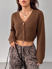 SHEIN PETITE 白色燈籠袖前開扣羅紋針織開襟衫，秋冬露肩毛衣 - 咖啡棕 - 查看 9