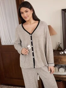 Doze Lane Casual Elegant Tropical Ribbed Contrast Trim Open Front V-Neck Long Sleeve Pants Plus Size Pajama Set Sleep Night Gray White Autumn - Khaki - View 6
