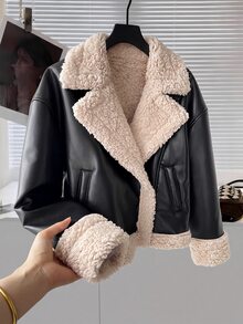 SHEIN 青少年女孩秋冬款 PU 人造毛一體長毛保暖夾克，加厚保暖內裡時尚街頭風寬鬆外套，黑色 - 黑色 - 查看 1