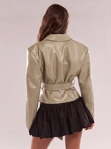 SHEIN BAE 女款秋季時尚雙排扣繫帶夾克 - 卡其色 - 查看 2