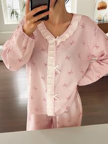 DAZY Autumn/Winter Sweet Plaid Bow Ruffle Loose Women's Pajama Set - Pink - View 5