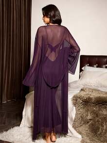 Slumberist Gaun Cami Slim Fit + Jubah Transparan Bertali, Set Piyama 3 Potong Desain Punggung Kupu-kupu Berkualitas Premium - Purple - View 5