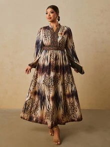 Travachic 大尺碼女款復古波希米亞印花長袖洋裝，秋冬款 - 棕色 - 查看 5