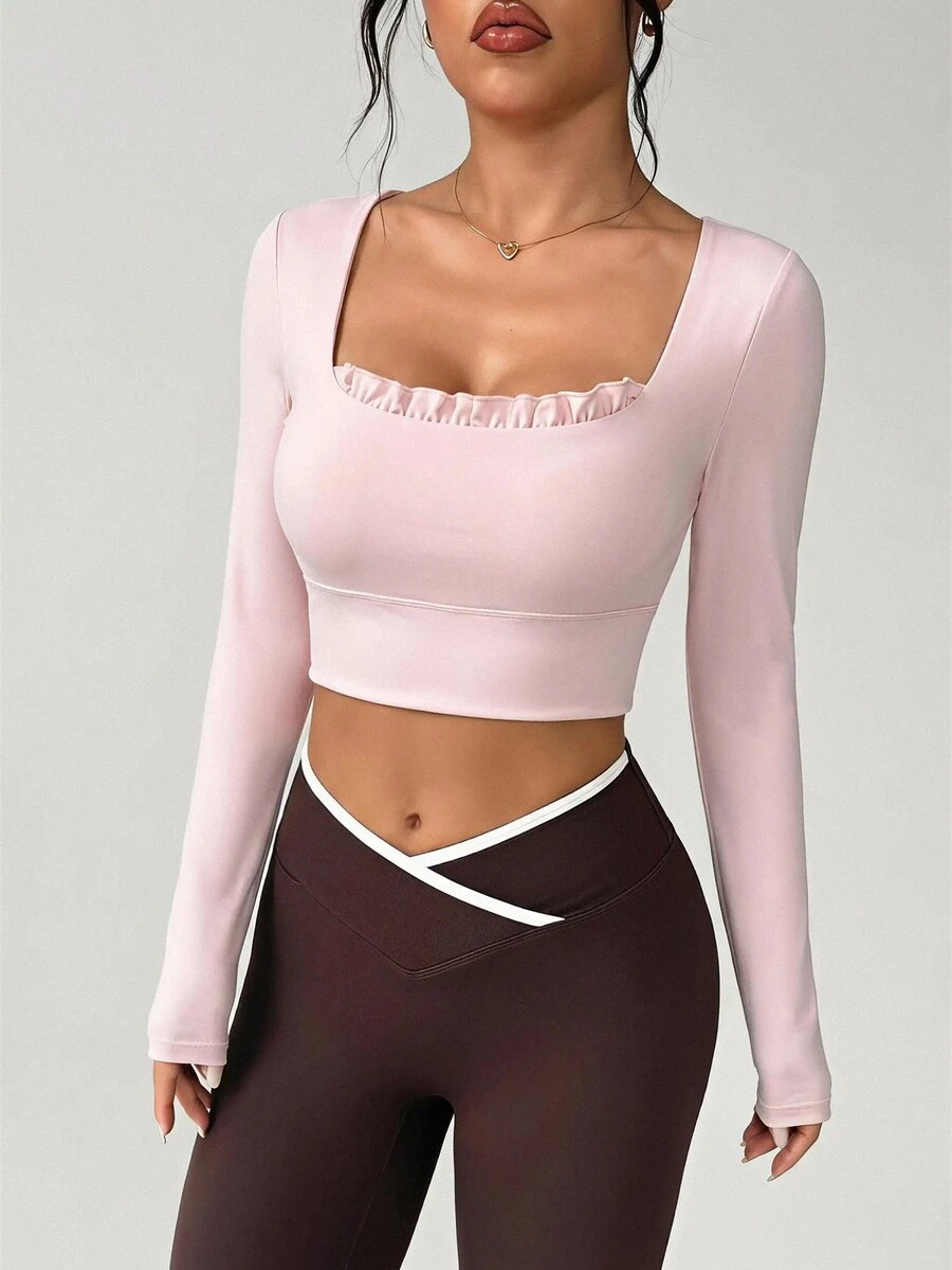 SHEIN Dewbera Solid Color Slim Fit Cropped Long Sleeve Sports T-Shirt - Pink - View 1