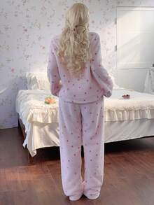 CottageSlumber Pink Double-Sided Plush Romantic Heart Print Casual Loose Women's Pajama Set - Pink - View 3