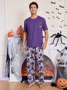 CoupledUp Halloween Pumpkin Print Men's Short Sleeve Long Pants Casual Pajama Set - Purple - View 6