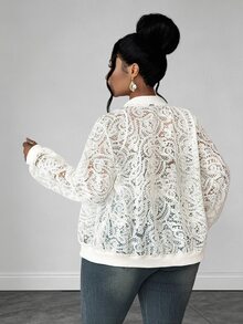 Maweii Plus Size Women's Casual Commute Elegant Hollow Lace Long Sleeve Jacket, Autumn Fall - Apricot - View 2