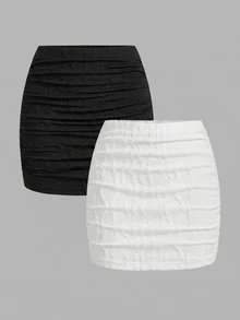 SHEIN MOD 女款休閒極簡抓皺紋理布料緊身裙，2件組，適合街頭風、Y2K - 彩色 - 查看 2
