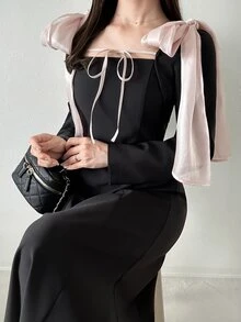 FRIFUL Women's Elegant Romantic Bowknot Long Dress Party Dinner Date Night Cocktail Black And Pink Fall Wedding - Grey - View 7