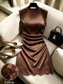 Muvela Women's  Elegant Lace Patchwork Sleeveless Short Dress,Fall/Winter  Elegant Formal  Business Chic  Back To School   Homecoming  New Year   Party - Brown - View 1