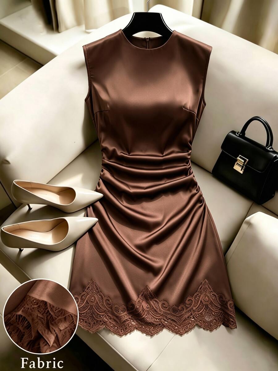 Muvela Women's Elegant Lace Patchwork Sleeveless Short Dress,Fall/Winter Elegant Formal Business Chic Back To School Homecoming New Year Party - Brown - View 1