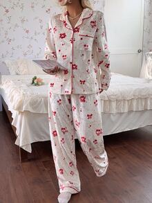 CottageSlumber Women's Cherry Bow Pattern Velvet Front Button Opening Patch Pocket Long Sleeve Pants Pajama Set - Red - View 7