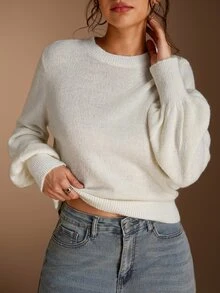 SHEIN BASICS 女款素色休閒百搭日常穿著長袖針織衫 - 白色 - 查看 5