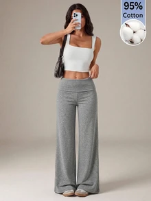 SHEIN Tall 黑色高腰寬腿寬鬆休閒長褲 - 灰色 - 查看 2