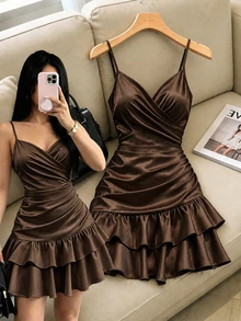 SHEIN Franclia 女款性感時尚荷葉邊百褶洋裝 - 棕色 - 查看 3