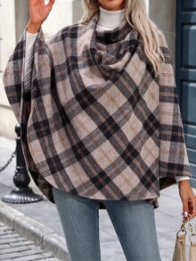 SHEIN Autumn/Winter British Style Casual Elegant Plaid Cape Coat, Ruched Collar Button Decor Loose Plaid Shawl Jacket Everyday Going Out Grey Plaid - Coffee Brown - View 3