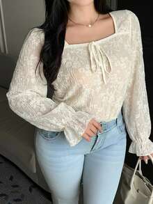 Dazy Plus Bowknot Decor Lace Puff Short Sleeve Elegant Versatile Spring Summer Apricot T-Shirt Fall - Apricot - View 3