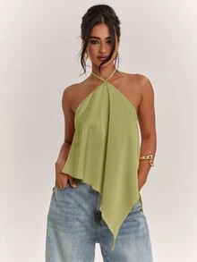 SHEIN BAE Spring/Summer Women's Casual Vacation Halter Neck Backless Asymmetrical Hem Yellow Solid Satin Tank Top, Suitable For Beach Vacation, Beach Holiday, Sister Casual Vacation, Elegant Tank Top, Practical Satin Tank Top, Yellow Satin Tank Top, Elegant Tank Top - Olive Green - View 4