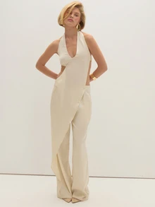 MUSEYN Cream Satin Halterneck Racer Back Cut Out Jumpsuit Party Evening Date Night Fall New Season Capsule Wardrobe - White - View 1