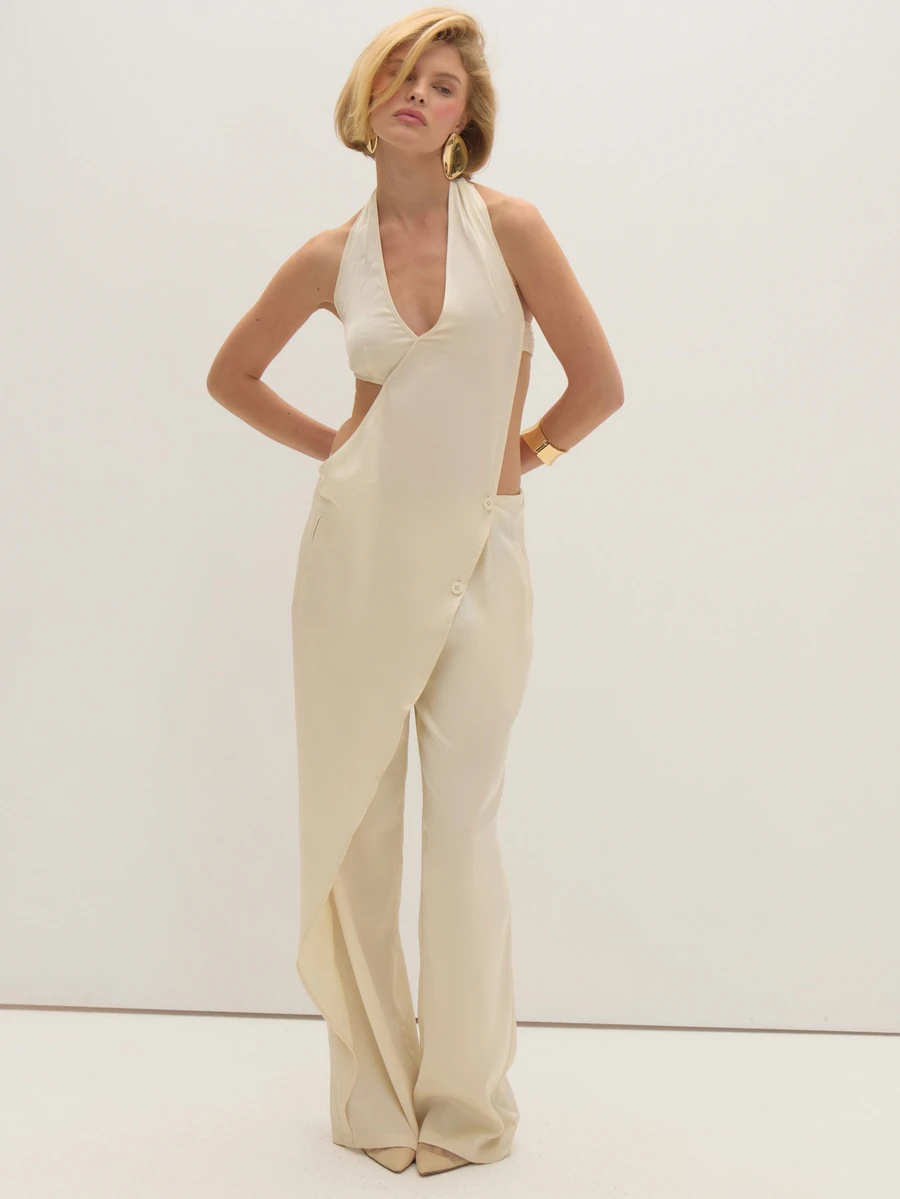 MUSEYN Cream Satin Halterneck Racer Back Cut Out Jumpsuit Party Evening Date Night Fall New Season Capsule Wardrobe - White - View 1