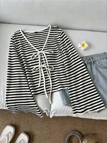 INAWLY Women's Autumn Casual Striped Bell Sleeve Tie-Front Top - Black and White - View 1