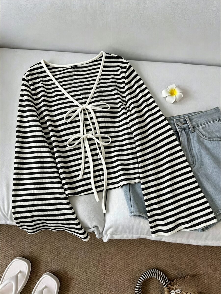 INAWLY Women's Autumn Casual Striped Bell Sleeve Tie-Front Top - Black and White - View 1