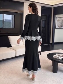 Modelyn Set 2 Potong Atasan Lengan Panjang dengan Potongan Ekor Ikan yang Ramping dan Motif Renda Patchwork Warna Kontras Gaya Wanita Elegan - Hitam dan Putih - View 7
