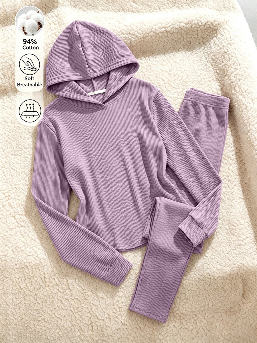 SHEIN 女童大童針織羅紋連帽不對稱下擺T恤與內搭褲2件套 - 粉色 - 查看 1