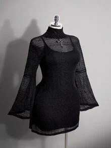 SHEIN ICON Plus Size Y2K Stand Collar Mesh Sheer Flare Sleeve Dress 2 Pieces Set, Halloween Gothic Vintage 2 Pieces Set Fall - Black - View 7