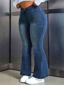 Jeanoix Plus Size Women's Asymmetrical Waist Casual Flare Jeans - Blue - View 4