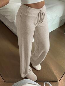 SHEIN EZwear 女款保暖內裡粉色舒適長褲，適合秋冬穿著 - 卡其色 - 查看 6