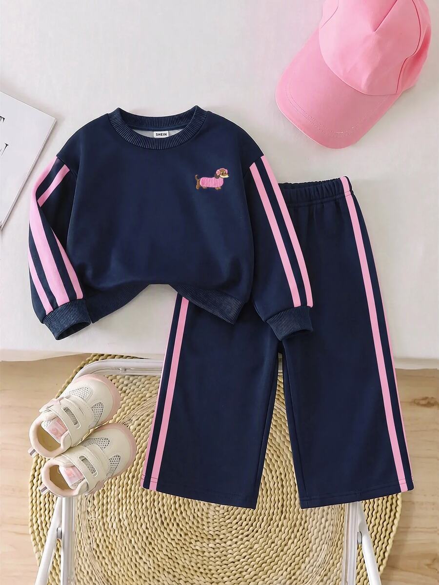 SHEIN Baby Girl Embroidered Round Neck Long Sleeve Sweatshirt And Striped Colorblock Pants Set - Navy Blue - View 1