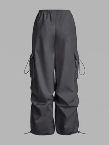 SHEIN x Lina SHEIN ICON Celana Kargo Hitam dengan Saku Lipat dan Tali Serut di Samping Pinggang - Grey - View 2