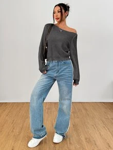 SHEIN PETITE 秋季休閒純色不對稱領毛衣 - 灰色 - 查看 4