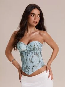 Glamine Fashionable Sexy Light Blue Leopard Print Metallic Thread Pleated Fabric Luxurious Heavy Work Underwire Fishbone Women Top Halloween Party Club - Blue - View 1