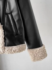 SHEIN 青少年女孩秋冬款 PU 人造毛一體長毛保暖夾克，加厚保暖內裡時尚街頭風寬鬆外套，黑色 - 黑色 - 查看 7