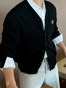 DAZY Spring/Autumn Cardigan With Embroidered Letter Graphic On Chest, Ribbed Hem And Cuffs - Black - View 2