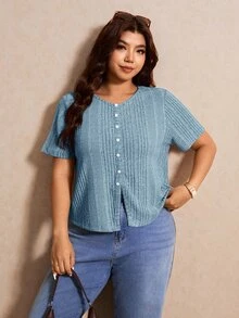 Elaquor Plus Size Women Solid Color Front Button Short Sleeve T-Shirt - Baby Blue - View 6