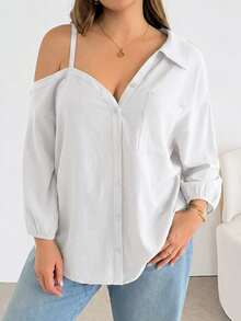 Shapeblank Plus Size Women's Solid Color Casual Versatile Daily Wear Shirt - White - View 4
