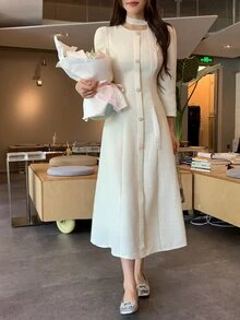 DAZY Women's Round Neck Tie-Front Elegant Long Dress Fall - White - View 4