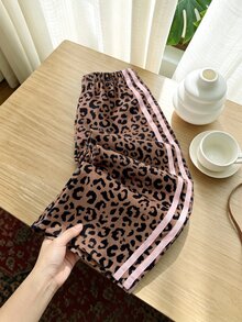 SHEIN Playful Pals 女童燈芯絨豹紋撞色織帶飾邊極簡時尚長褲 - 棕色 - 查看 6