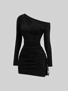 Sweetra New Shiny Fabric Party Evening Elegant Asymmetrical Shoulder Long Sleeve Cinched Waist Ruched Bow Tie Drawstring Side Slit Design Mini Dress - Black - View 1